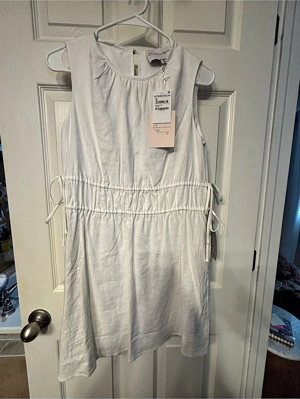 Charles Henry Drawstring Waist Linen Blend Minidress Mini Dress in White Size XS